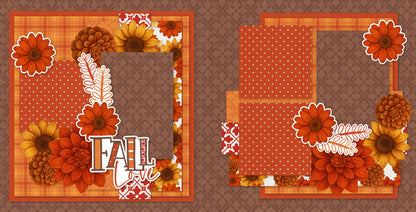 Two-page Fall Love scrapbook layout featuring warm brown damask background, orange plaid paper, rust polka dot paper, orange floral pattern, red damask accent, rust orange flowers, golden yellow flowers, brown mum flowers. Designed for Autumn Floral Memories, Fall Floral Scrapbook Page Kit, white outline embellishments, decorative leaf sprigs, fall love title, orange rust brown palette, layered floral clusters, framed photo areas, autumn botanical accents.