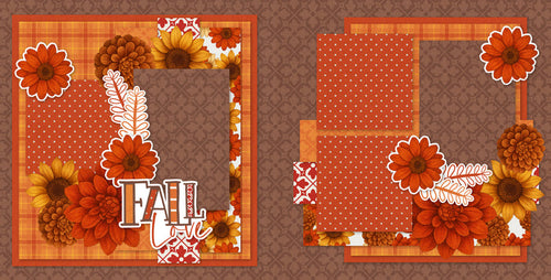 Two-page Fall Love scrapbook layout featuring warm brown damask background, orange plaid paper, rust polka dot paper, orange floral pattern, red damask accent, rust orange flowers, golden yellow flowers, brown mum flowers. Designed for Autumn Floral Memories, Fall Floral Scrapbook Page Kit, white outline embellishments, decorative leaf sprigs, fall love title, orange rust brown palette, layered floral clusters, framed photo areas, autumn botanical accents.