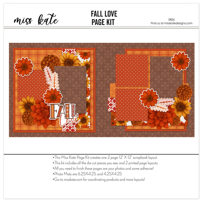 Fall Love 12x12 scrapbook page kit shown with orange plaid paper, rust polka dot paper, orange floral pattern, red damask accent, rust orange flowers, golden yellow flowers, brown mum flowers, white outline embellishments. Designed for Fall Floral Scrapbook Page Kit, Autumn Scrapbook Layout Kit, decorative leaf sprigs, fall love title, orange rust brown palette, layered floral clusters, framed photo areas, autumn botanical accents, warm brown damask background.