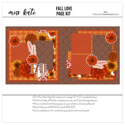 Fall Love 12x12 scrapbook page kit shown with orange plaid paper, rust polka dot paper, orange floral pattern, red damask accent, rust orange flowers, golden yellow flowers, brown mum flowers, white outline embellishments. Designed for Fall Floral Scrapbook Page Kit, Autumn Scrapbook Layout Kit, decorative leaf sprigs, fall love title, orange rust brown palette, layered floral clusters, framed photo areas, autumn botanical accents, warm brown damask background.