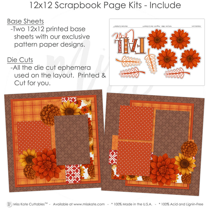 Detailed Fall Love scrapbook design featuring orange floral pattern, red damask accent, rust orange flowers, golden yellow flowers, brown mum flowers, white outline embellishments, decorative leaf sprigs, fall love title. Designed for Fall Family Scrapbook Pages, Autumn Flower Scrapbook Kit, orange rust brown palette, layered floral clusters, framed photo areas, autumn botanical accents, warm brown damask background, orange plaid paper, rust polka dot paper.