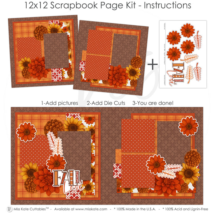 Finished Fall Love photo layout showing red damask accent, rust orange flowers, golden yellow flowers, brown mum flowers, white outline embellishments, decorative leaf sprigs, fall love title, orange rust brown palette. Designed for Autumn Flower Scrapbook Kit, Fall Photo Scrapbook Layout, layered floral clusters, framed photo areas, autumn botanical accents, warm brown damask background, orange plaid paper, rust polka dot paper, orange floral pattern.