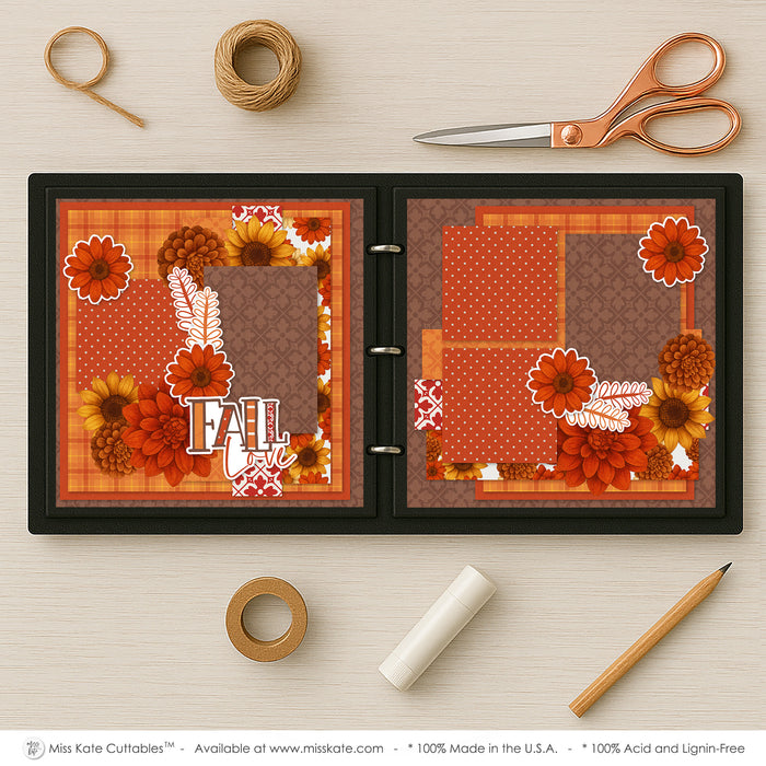 Fall Love scrapbook page kit artwork with rust orange flowers, golden yellow flowers, brown mum flowers, white outline embellishments, decorative leaf sprigs, fall love title, orange rust brown palette, layered floral clusters. Designed for Fall Photo Scrapbook Layout, Orange Floral Scrapbook Pages, framed photo areas, autumn botanical accents, warm brown damask background, orange plaid paper, rust polka dot paper, orange floral pattern, red damask accent.