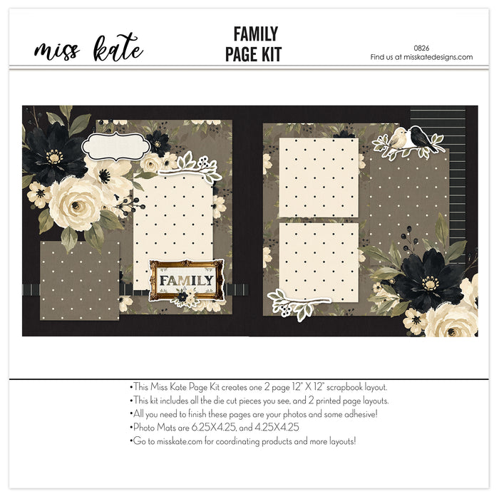 Family 12x12 scrapbook page kit shown with cream rose clusters, olive green leaves, taupe floral background, black pinstripe paper, cream polka dots, taupe polka dots, black textured background, vintage gold frame. Designed for Family Scrapbook Page Kit, Family Memories Scrapbook Layout, family title frame, black and cream birds, leafy branch die cuts, black flower clusters, cream flower clusters, berry sprigs, ornate label die cut, layered photo mats, elegant neutral florals.