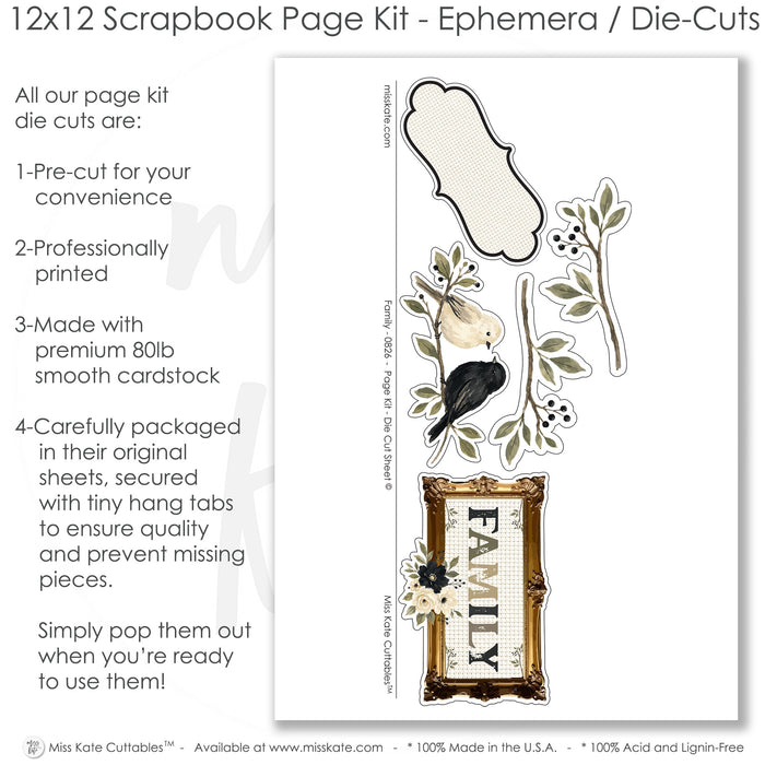 Coordinated Family memory-keeping layout with olive green leaves, taupe floral background, black pinstripe paper, cream polka dots, taupe polka dots, black textured background, vintage gold frame, family title frame. Designed for Family Memories Scrapbook Layout, Family Photo Scrapbook Pages, black and cream birds, leafy branch die cuts, black flower clusters, cream flower clusters, berry sprigs, ornate label die cut, layered photo mats, elegant neutral florals, black floral paper.