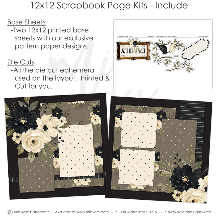 Detailed Family scrapbook design featuring taupe floral background, black pinstripe paper, cream polka dots, taupe polka dots, black textured background, vintage gold frame, family title frame, black and cream birds. Designed for Family Photo Scrapbook Pages, Heritage Family Scrapbook Kit, leafy branch die cuts, black flower clusters, cream flower clusters, berry sprigs, ornate label die cut, layered photo mats, elegant neutral florals, black floral paper, cream rose clusters.