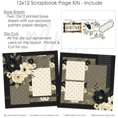Detailed Family scrapbook design featuring taupe floral background, black pinstripe paper, cream polka dots, taupe polka dots, black textured background, vintage gold frame, family title frame, black and cream birds. Designed for Family Photo Scrapbook Pages, Heritage Family Scrapbook Kit, leafy branch die cuts, black flower clusters, cream flower clusters, berry sprigs, ornate label die cut, layered photo mats, elegant neutral florals, black floral paper, cream rose clusters.