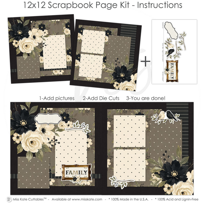 Finished Family photo layout showing black pinstripe paper, cream polka dots, taupe polka dots, black textured background, vintage gold frame, family title frame, black and cream birds, leafy branch die cuts. Designed for Heritage Family Scrapbook Kit, Family Album Page Kit, black flower clusters, cream flower clusters, berry sprigs, ornate label die cut, layered photo mats, elegant neutral florals, black floral paper, cream rose clusters, olive green leaves, taupe floral background.