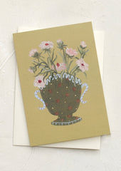 A mini greeting card in chartreuse with illustration of butterfly ranunculus flowers in vase.