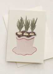 A mini greeting card in cream with illustration of bulbs in pot.