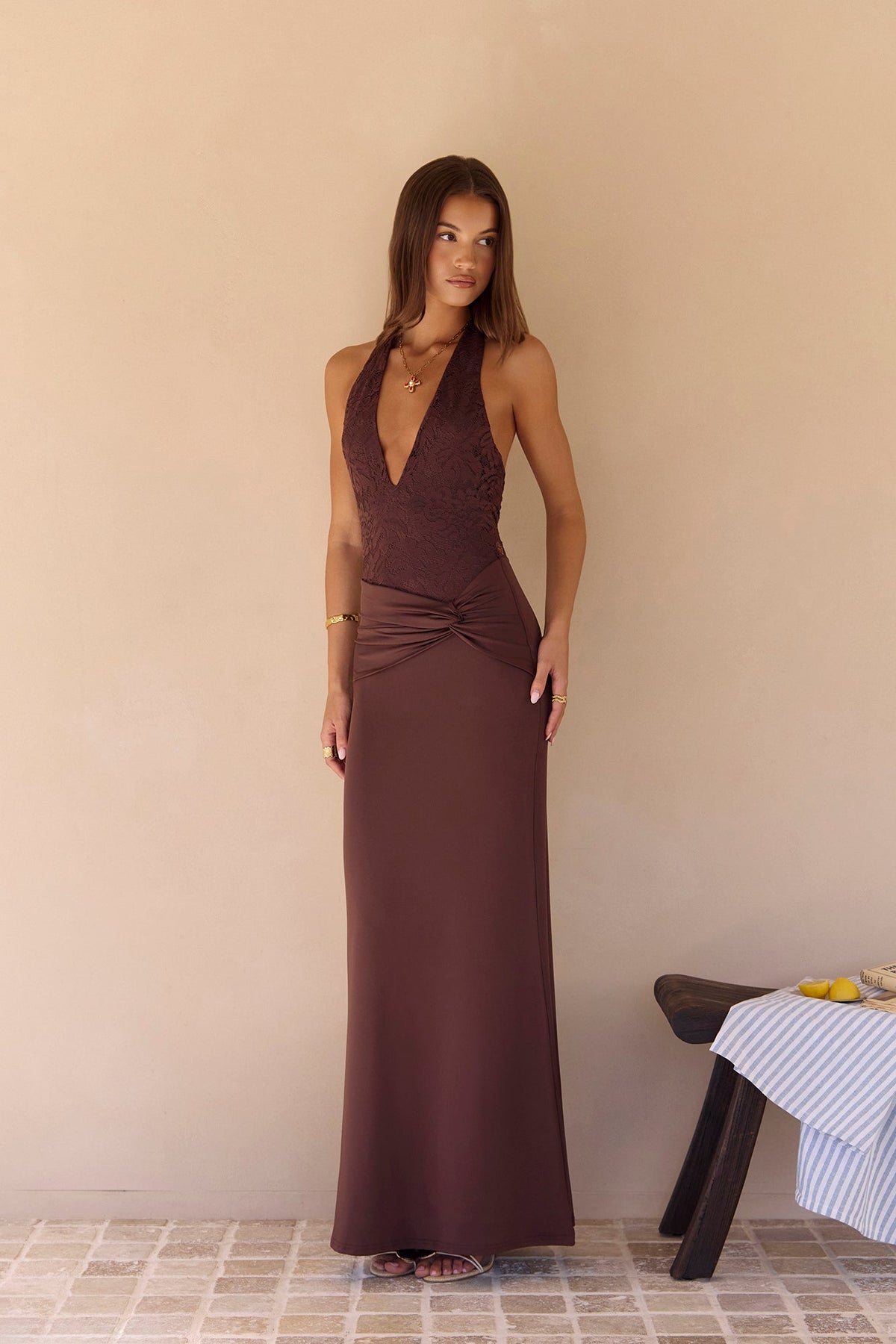 Seaside Glow Halter Maxi Dress Brown
