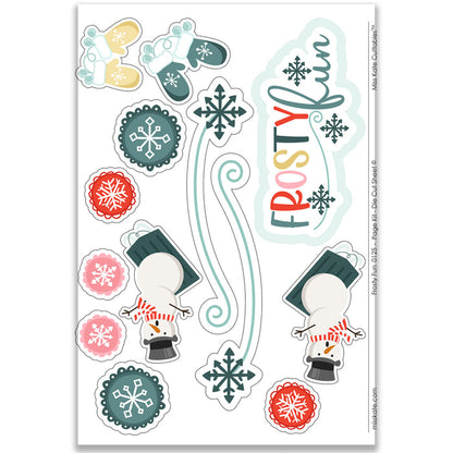 Frosty Fun scrapbook ephemera die cuts featuring winter-themed designs including snowflakes, mittens, snowman figures, swirls, festive accents. Perfect DIY 12x12 scrapbook layouts seasonal paper crafting projects. Pre-cut easy use creative designs.