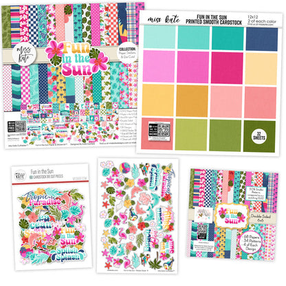 Fun in the Sun Bundle, main product image, showing complete coordinated paper craft set with 12x12 papers, 6x6 papers, cardstock, die cuts, and stickers for layouts, cards, albums, journals, and keepsakes. Buyer theme: Complete Tropical Beach Scrapbook Craft Bundle. Fun in the Sun complete scrapbook bundle with 12x12 paper, 6x6 designs, cardstock, die cuts and stickers in a bright coordinated tropical palette