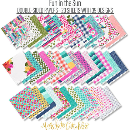 Fun in the Sun Paper & Sticker Kit, paper and sticker kit spread out image, showing 12x12 scrapbook paper and coordinating stickers for scrapbook layouts, photo albums, memory keeping, cards, and paper crafts. Buyer theme: Tropical Vacation Scrapbook Paper & Sticker Kit. Fun in the Sun Paper & Sticker Kit with tropical flowers, palms, dolphins, sea turtles, flamingos, birds, starfish, beach titles and bright coordinating patterns. Designed for Mini albums, Travel journals, Junk journals