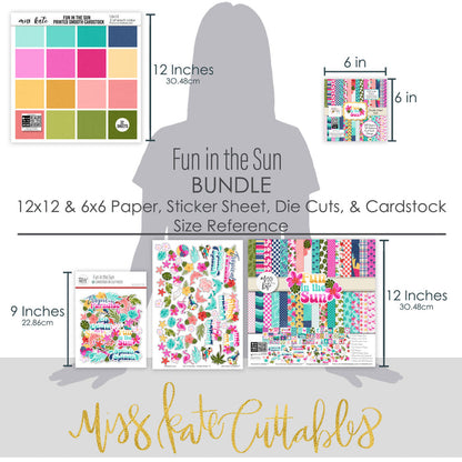 Fun in the Sun Bundle, size guide image, showing complete coordinated paper craft set with 12x12 papers, 6x6 papers, cardstock, die cuts, and stickers for layouts, cards, albums, journals, and keepsakes. Buyer theme: Complete Tropical Beach Scrapbook Craft Bundle. Fun in the Sun complete scrapbook bundle with 12x12 paper, 6x6 designs, cardstock, die cuts and stickers in a bright coordinated tropical palette. Designed for Summer card making, Mini albums, Travel journals