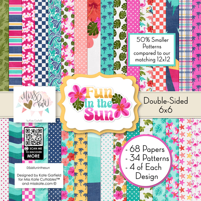 Fun in the Sun 6x6 Double-Sided Paper Pack, high resolution cover image, showing 6x6 scrapbook paper for handmade cards, mini albums, junk journals, paper layering, small-scale layouts, and coordinated paper crafts. Buyer theme: Tropical 6x6 Scrapbook Paper for Cards & Mini Albums. Fun in the Sun 6x6 Double-Sided Paper Pack with scaled tropical florals, palms, wildlife, checks, dots, waves and beach patterns for cards and mini albums