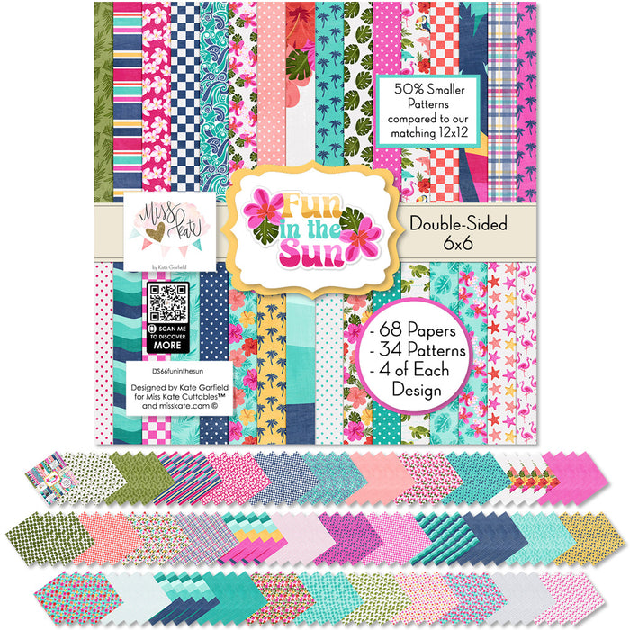 Fun in the Sun 6x6 Double-Sided Paper Pack, 6x6 cover and paper spread out image, showing 6x6 scrapbook paper for handmade cards, mini albums, junk journals, paper layering, small-scale layouts, and coordinated paper crafts. Buyer theme: Tropical 6x6 Scrapbook Paper for Cards & Mini Albums. Fun in the Sun 6x6 Double-Sided Paper Pack with scaled tropical florals, palms, wildlife, checks, dots, waves and beach patterns for cards and mini albums