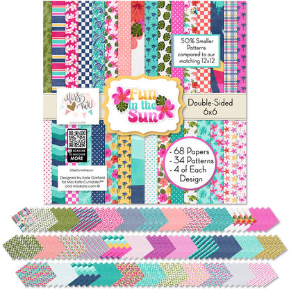 Fun in the Sun 6x6 Double-Sided Paper Pack, 6x6 cover and paper spread out image, showing 6x6 scrapbook paper for handmade cards, mini albums, junk journals, paper layering, small-scale layouts, and coordinated paper crafts. Buyer theme: Tropical 6x6 Scrapbook Paper for Cards & Mini Albums. Fun in the Sun 6x6 Double-Sided Paper Pack with scaled tropical florals, palms, wildlife, checks, dots, waves and beach patterns for cards and mini albums