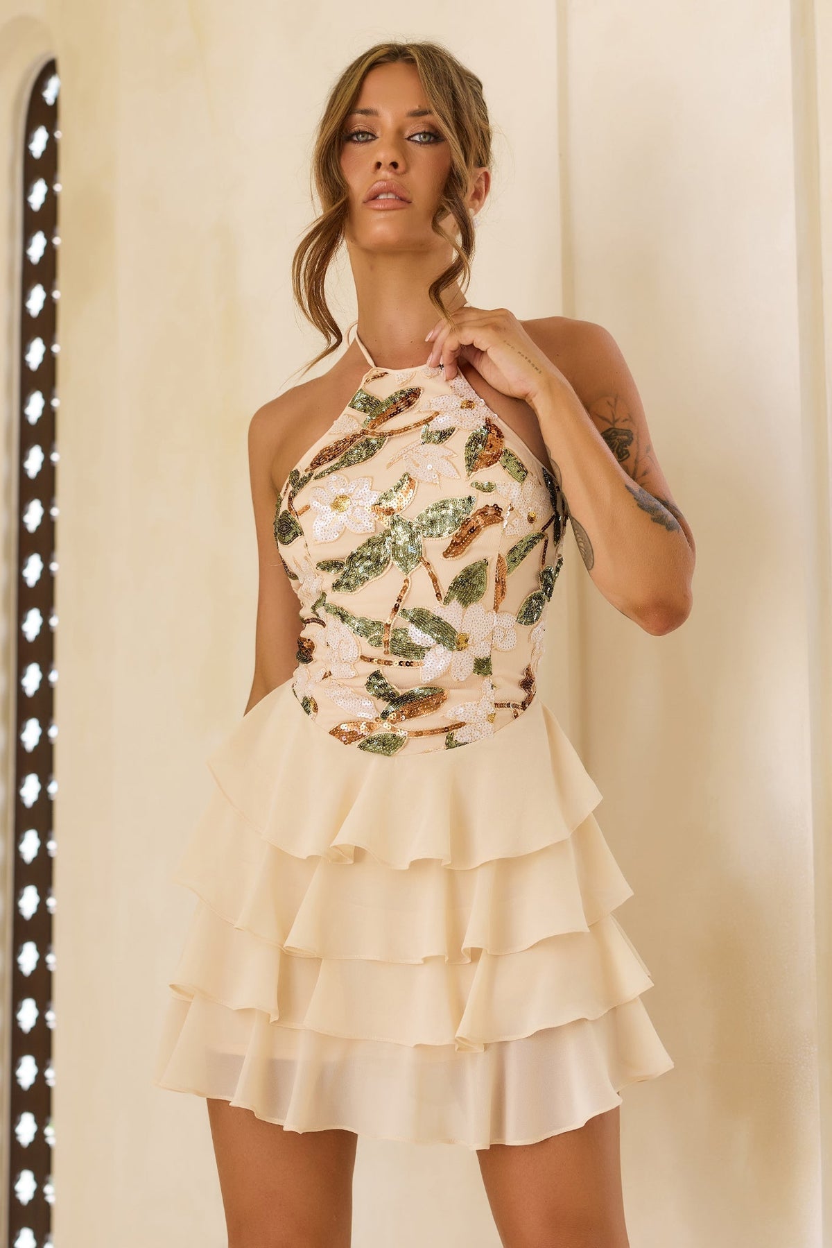 Garden Muse Sequin Mini Dress - Beige Multi
