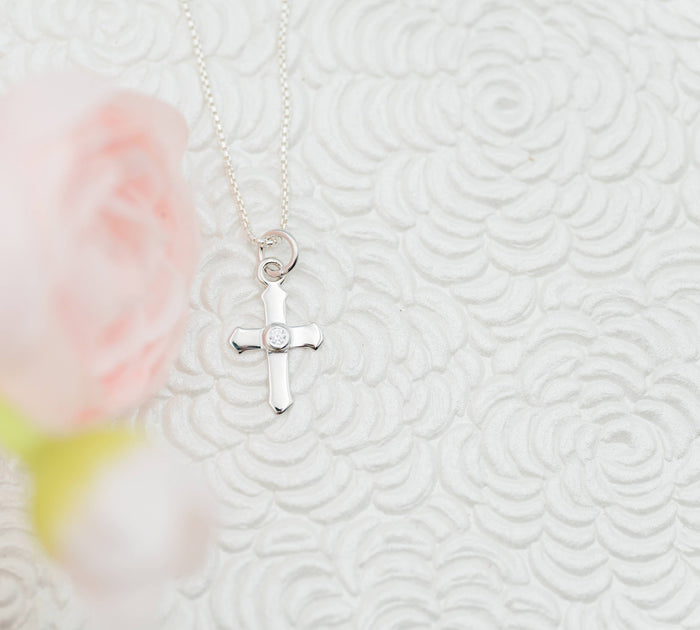Girls Sterling Silver Holy Communion Cross Necklace for Kids: 14 inch