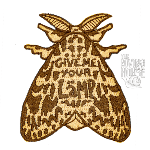 An embroidered iron-on patch in the shape of a brown Lymantria dispar moth, whose wing markings contain the text "GIVE ME YOUR LAMP".