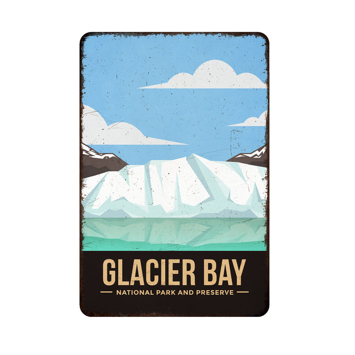 Glacier Bay National Park metal sign with rustic distressed design and Alaska theme for cabin wall decor