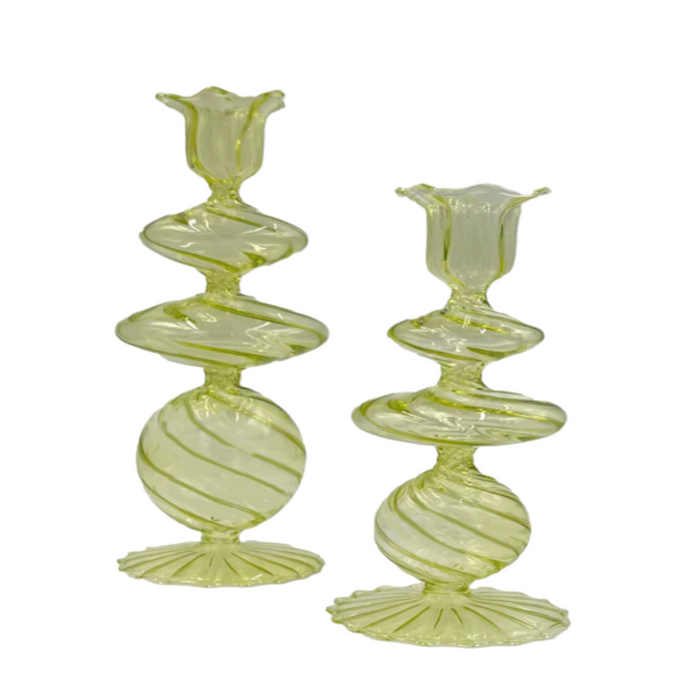 Green Swirl Glass Candlesticks