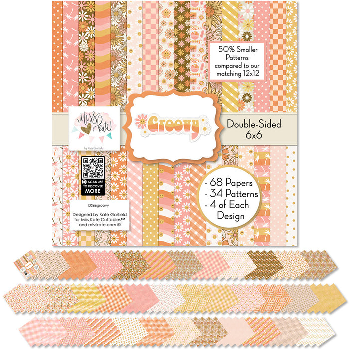 Groovy 6x6 Double-Sided Paper Pack, 6x6 cover and paper spread out image, showing 6x6 scrapbook paper for handmade cards, mini albums, junk journals, paper layering, small-scale layouts, and coordinated paper crafts. Buyer theme: Retro Summer 6x6 Scrapbook Paper for Cards & Mini Albums. Groovy 6x6 Double-Sided Paper Pack with scaled daisies, checkerboards, gingham, dots, florals and retro summer patterns for cards and mini albums