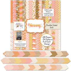 Groovy 6x6 Double-Sided Paper Pack, 6x6 cover and paper spread out image, showing 6x6 scrapbook paper for handmade cards, mini albums, junk journals, paper layering, small-scale layouts, and coordinated paper crafts. Buyer theme: Retro Summer 6x6 Scrapbook Paper for Cards & Mini Albums. Groovy 6x6 Double-Sided Paper Pack with scaled daisies, checkerboards, gingham, dots, florals and retro summer patterns for cards and mini albums