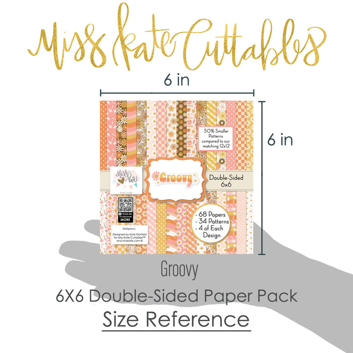 Groovy 6x6 Double-Sided Paper Pack, size guide shown in hand for scale, showing 6x6 scrapbook paper for handmade cards, mini albums, junk journals, paper layering, small-scale layouts, and coordinated paper crafts. Buyer theme: Retro Summer 6x6 Scrapbook Paper for Cards & Mini Albums. Groovy 6x6 Double-Sided Paper Pack with scaled daisies, checkerboards, gingham, dots, florals and retro summer patterns for cards and mini albums. Designed for Sunny summer memory pages, Card making, Mini albums