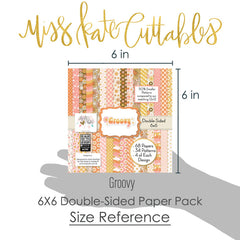 Groovy 6x6 Double-Sided Paper Pack, size guide shown in hand for scale, showing 6x6 scrapbook paper for handmade cards, mini albums, junk journals, paper layering, small-scale layouts, and coordinated paper crafts. Buyer theme: Retro Summer 6x6 Scrapbook Paper for Cards & Mini Albums. Groovy 6x6 Double-Sided Paper Pack with scaled daisies, checkerboards, gingham, dots, florals and retro summer patterns for cards and mini albums. Designed for Sunny summer memory pages, Card making, Mini albums