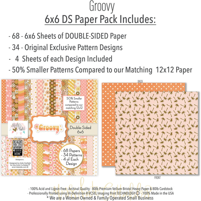 Groovy 6x6 Double-Sided Paper Pack, 6x6 paper pack cover and includes preview, showing 6x6 scrapbook paper for handmade cards, mini albums, junk journals, paper layering, small-scale layouts, and coordinated paper crafts. Buyer theme: Retro Summer 6x6 Scrapbook Paper for Cards & Mini Albums. Groovy 6x6 Double-Sided Paper Pack with scaled daisies, checkerboards, gingham, dots, florals and retro summer patterns for cards and mini albums