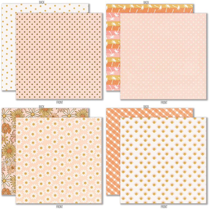 Groovy 6x6 Double-Sided Paper Pack, 6x6 double-sided paper pack paper patterns 1 through 8 preview, showing 6x6 scrapbook paper for handmade cards, mini albums, junk journals, paper layering, small-scale layouts, and coordinated paper crafts. Buyer theme: Retro Summer 6x6 Scrapbook Paper for Cards & Mini Albums. Groovy 6x6 Double-Sided Paper Pack with scaled daisies, checkerboards, gingham, dots, florals and retro summer patterns for cards and mini albums