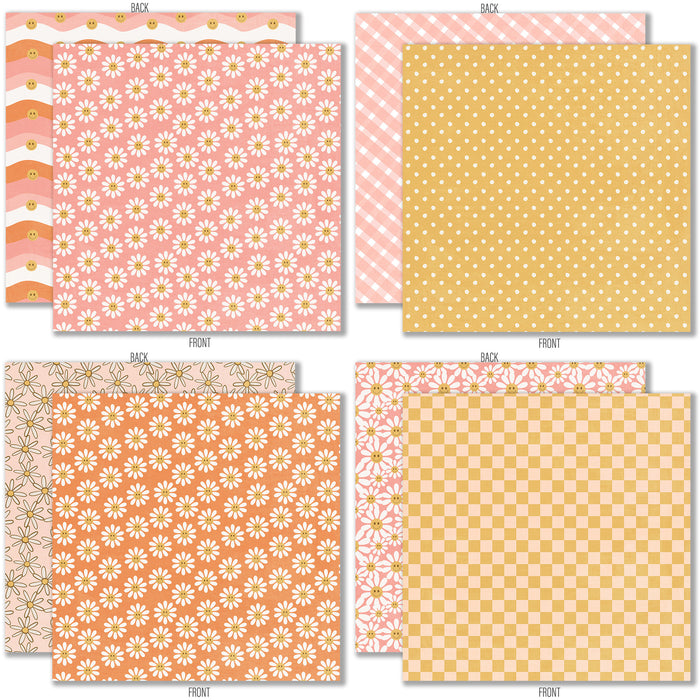 Groovy 6x6 Double-Sided Paper Pack, 6x6 double-sided paper pack paper patterns 9 through 16 preview, showing 6x6 scrapbook paper for handmade cards, mini albums, junk journals, paper layering, small-scale layouts, and coordinated paper crafts. Buyer theme: Retro Summer 6x6 Scrapbook Paper for Cards & Mini Albums. Groovy 6x6 Double-Sided Paper Pack with scaled daisies, checkerboards, gingham, dots, florals and retro summer patterns for cards and mini albums