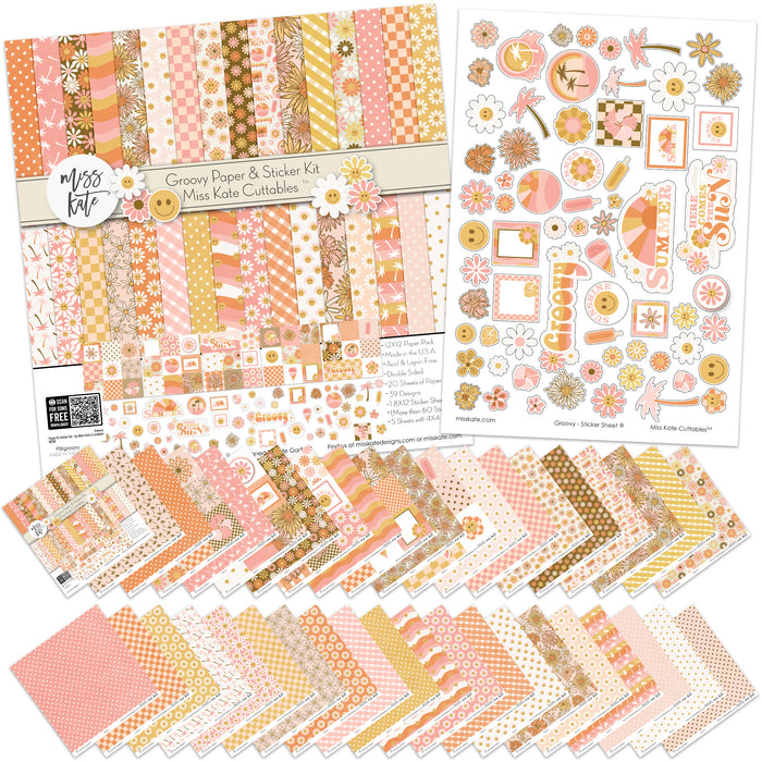 Groovy Paper & Sticker Kit, main product image, showing 12x12 scrapbook paper and coordinating stickers for scrapbook layouts, photo albums, memory keeping, cards, and paper crafts. Buyer theme: Retro Summer & 70s Scrapbook Paper & Sticker Kit. Groovy Paper & Sticker Kit with smiling daisies, sunshine, palm trees, smiley faces, retro florals, checkerboards and warm coral, peach, yellow, pink and brown patterns