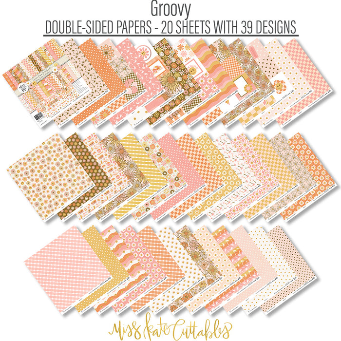 Groovy Paper & Sticker Kit, paper and sticker kit spread out image, showing 12x12 scrapbook paper and coordinating stickers for scrapbook layouts, photo albums, memory keeping, cards, and paper crafts. Buyer theme: Retro Summer & 70s Scrapbook Paper & Sticker Kit. Groovy Paper & Sticker Kit with smiling daisies, sunshine, palm trees, smiley faces, retro florals, checkerboards and warm coral, peach, yellow, pink and brown patterns