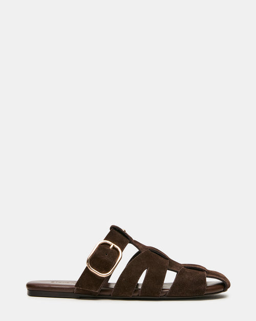 HALO Brown Suede Fisherman Caged Slip-On Mule Women's Flat | Steve Madden