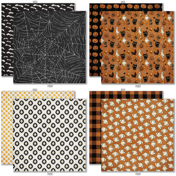 Happy Halloween 6x6 Double-Sided Paper Pack, 6x6 double-sided paper pack paper patterns 1 through 8 preview, showing 6x6 scrapbook paper for handmade cards, mini albums, junk journals, paper layering, small-scale layouts, and coordinated paper crafts. Buyer theme: Vintage Halloween 6x6 Paper for Card Making. Happy Halloween 6x6 double-sided scrapbook paper with scaled vintage Halloween patterns for cards, mini albums and journals