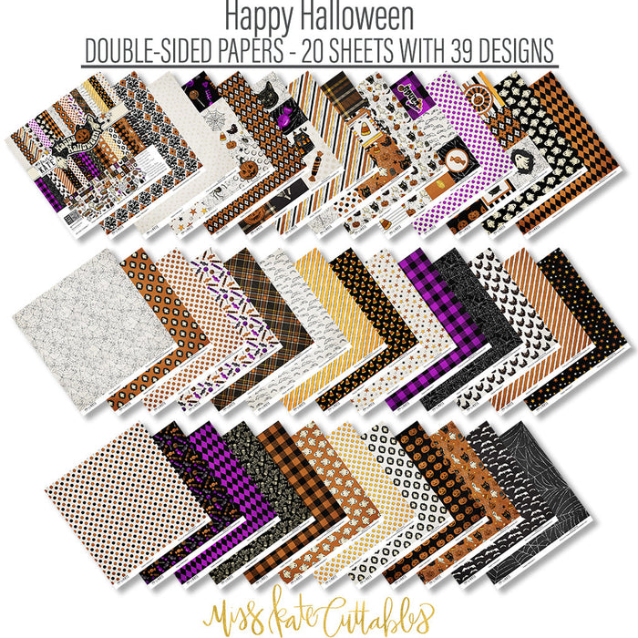 Happy Halloween Collection, paper and sticker kit spread out image, showing coordinated Paper & Sticker Kit, full-size Die Cuts, and Sticker Sheet for scrapbook layouts, memory albums, cards, journals, and keepsakes. Buyer theme: Coordinated Vintage Halloween Collection. Happy Halloween coordinated scrapbook collection with 12x12 paper, stickers and die-cut Halloween embellishments. Scrapbook collection, paper and sticker supplies, die cut embellishments, and coordinated memory keeping products