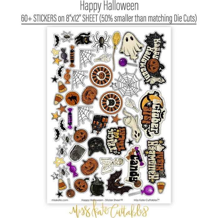 Happy Halloween Collection, sticker sheet spread out image, showing coordinated Paper & Sticker Kit, full-size Die Cuts, and Sticker Sheet for scrapbook layouts, memory albums, cards, journals, and keepsakes. Buyer theme: Coordinated Vintage Halloween Collection. Happy Halloween coordinated scrapbook collection with 12x12 paper, stickers and die-cut Halloween embellishments. Scrapbook collection, paper and sticker supplies, die cut embellishments, and coordinated memory keeping products