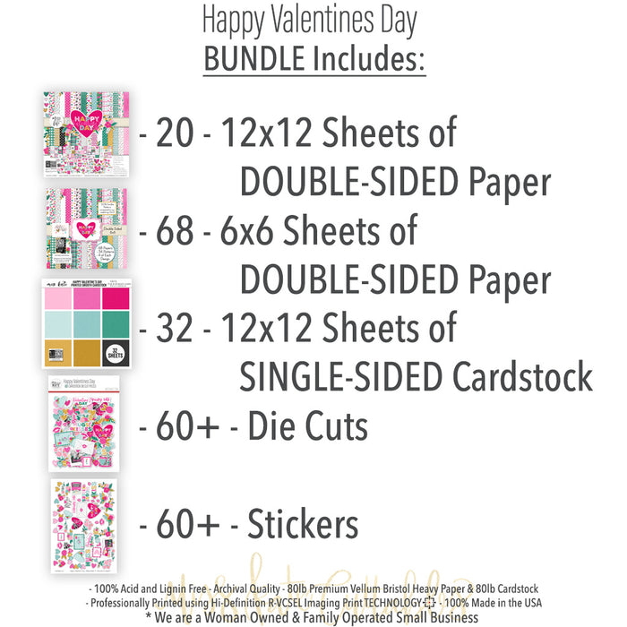 Happy Valentines Day Bundle, includes image, showing complete coordinated paper craft set with 12x12 papers, 6x6 papers, cardstock, die cuts, and stickers for layouts, cards, albums, journals, and keepsakes. Buyer theme: Complete Valentine Scrapbook & Craft Bundle. Happy Valentines Day complete scrapbook bundle with patterned paper, 6x6 paper, coordinating cardstock, stickers and die cuts. Color palette includes Hot pink, blush pink, aqua, emerald teal, mustard gold, charcoal black and white