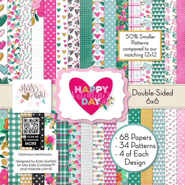 Happy Valentines Day 6x6 Double-Sided Paper Pack, high resolution cover image, showing 6x6 scrapbook paper for handmade cards, mini albums, junk journals, paper layering, small-scale layouts, and coordinated paper crafts. Buyer theme: Valentine 6x6 Paper for Cards & Mini Albums. Happy Valentines Day 6x6 double-sided scrapbook paper with scaled heart, floral, plaid, grid and love-note designs. Color palette includes Hot pink, blush pink, aqua, emerald teal, mustard gold, charcoal black and white