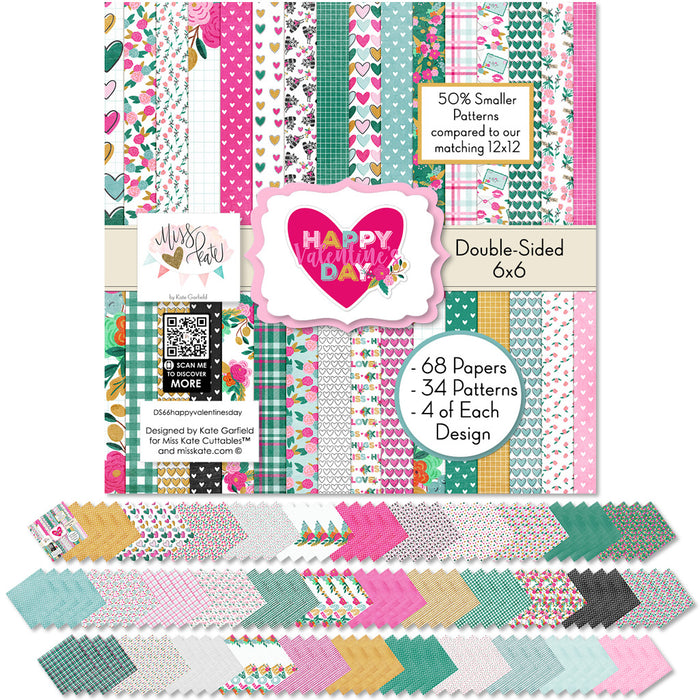 Happy Valentines Day 6x6 Double-Sided Paper Pack, 6x6 cover and paper spread out image, showing 6x6 scrapbook paper for handmade cards, mini albums, junk journals, paper layering, small-scale layouts, and coordinated paper crafts. Buyer theme: Valentine 6x6 Paper for Cards & Mini Albums. Happy Valentines Day 6x6 double-sided scrapbook paper with scaled heart, floral, plaid, grid and love-note designs