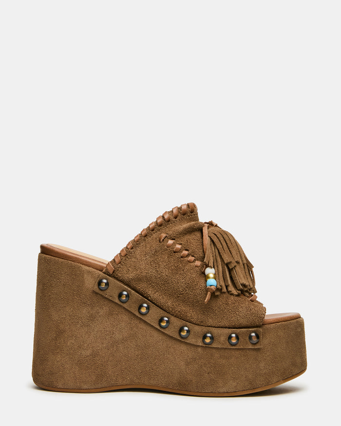 HIGHLAND Chestnut Suede Wedge Platform Fringe Beads Women's Sandal | Steve Madden