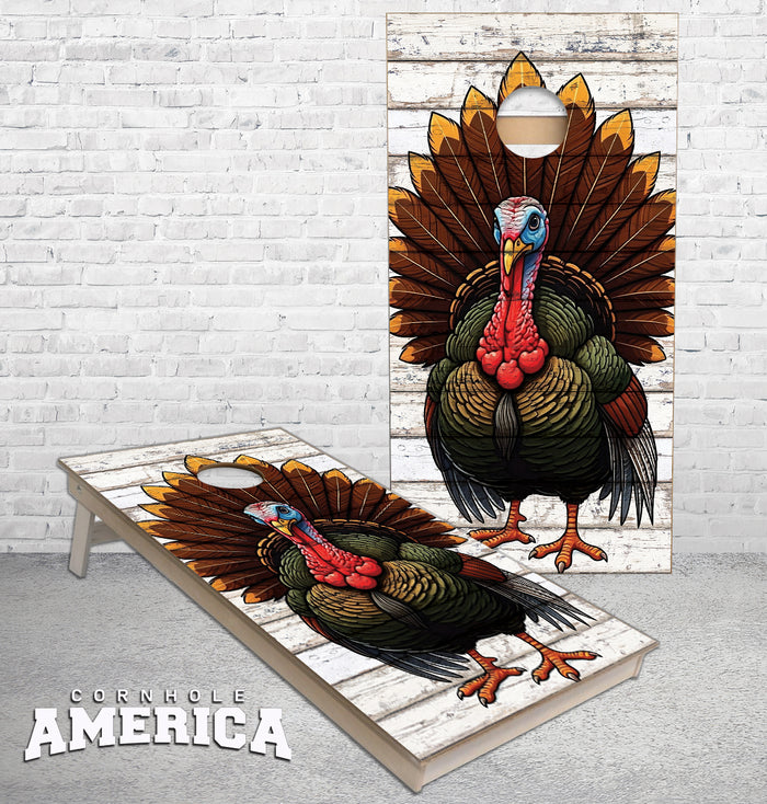 HNT 059 Wild Turkey Fanning Feathers on Weathered wood cornhole boards