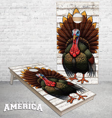 HNT 059 Wild Turkey Fanning Feathers on Weathered wood cornhole boards