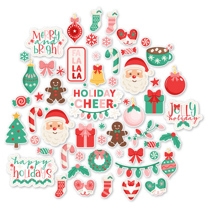 Holiday Cheer Die Cuts, main product image, showing pre-cut scrapbook embellishments for layouts, handmade cards, journals, mini albums, memory pages, and layered paper crafts. Buyer theme: Christmas Die Cuts & Holiday Scrapbook Embellishments. Holiday Cheer Die Cuts with Christmas titles, Santa faces, gingerbread cookies, candy canes, stockings, ornaments, presents, wreaths, cocoa mugs, snowflakes, bows and sweets