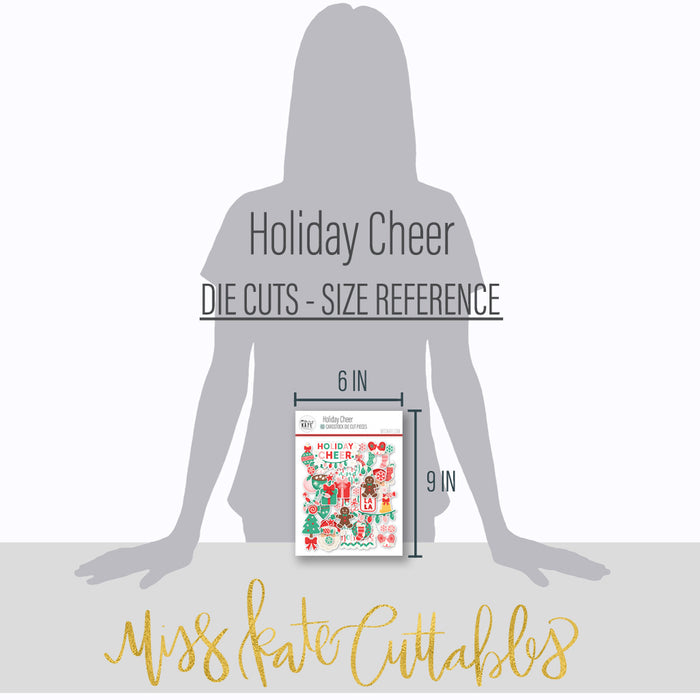 Holiday Cheer Die Cuts, size guide image, showing pre-cut scrapbook embellishments for layouts, handmade cards, journals, mini albums, memory pages, and layered paper crafts. Buyer theme: Christmas Die Cuts & Holiday Scrapbook Embellishments. Holiday Cheer Die Cuts with Christmas titles, Santa faces, gingerbread cookies, candy canes, stockings, ornaments, presents, wreaths, cocoa mugs, snowflakes, bows and sweets. Designed for Christmas morning pages, Festive baking memories, Card making