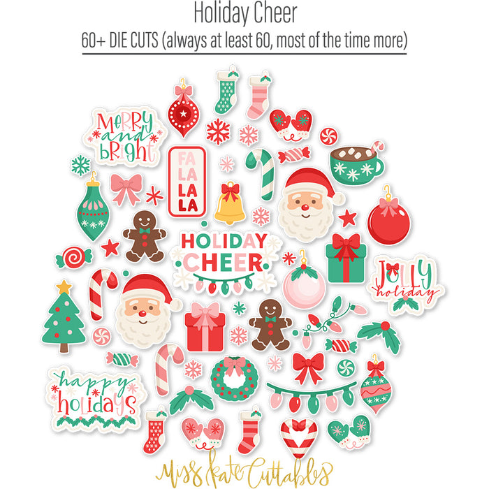 Holiday Cheer Die Cuts, die cuts spread out image, showing pre-cut scrapbook embellishments for layouts, handmade cards, journals, mini albums, memory pages, and layered paper crafts. Buyer theme: Christmas Die Cuts & Holiday Scrapbook Embellishments. Holiday Cheer Die Cuts with Christmas titles, Santa faces, gingerbread cookies, candy canes, stockings, ornaments, presents, wreaths, cocoa mugs, snowflakes, bows and sweets. Designed for Festive baking memories, Card making, Mini albums