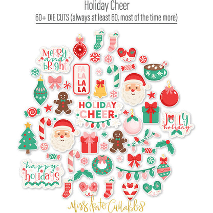 Holiday Cheer Die Cuts, die cuts spread out image, showing pre-cut scrapbook embellishments for layouts, handmade cards, journals, mini albums, memory pages, and layered paper crafts. Buyer theme: Christmas Die Cuts & Holiday Scrapbook Embellishments. Holiday Cheer Die Cuts with Christmas titles, Santa faces, gingerbread cookies, candy canes, stockings, ornaments, presents, wreaths, cocoa mugs, snowflakes, bows and sweets. Designed for Festive baking memories, Card making, Mini albums